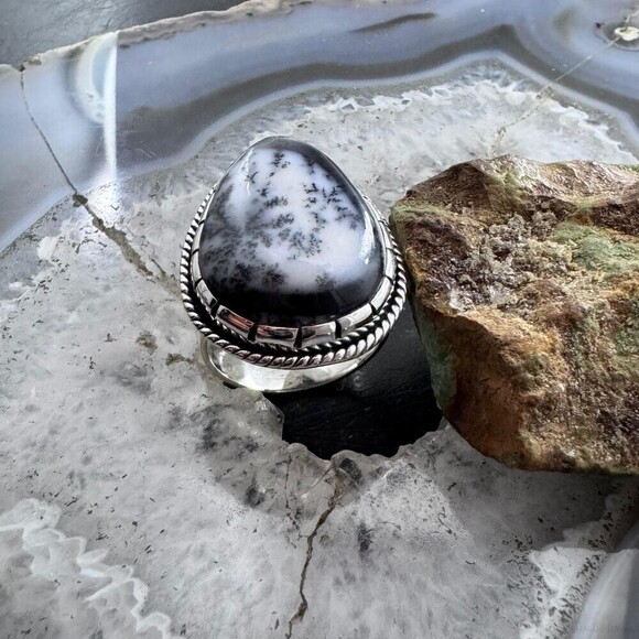 Sterling Southwestern Style Large Teardrop Dendrite Agate Ring Size 10 For Women - Picture 5 of 10